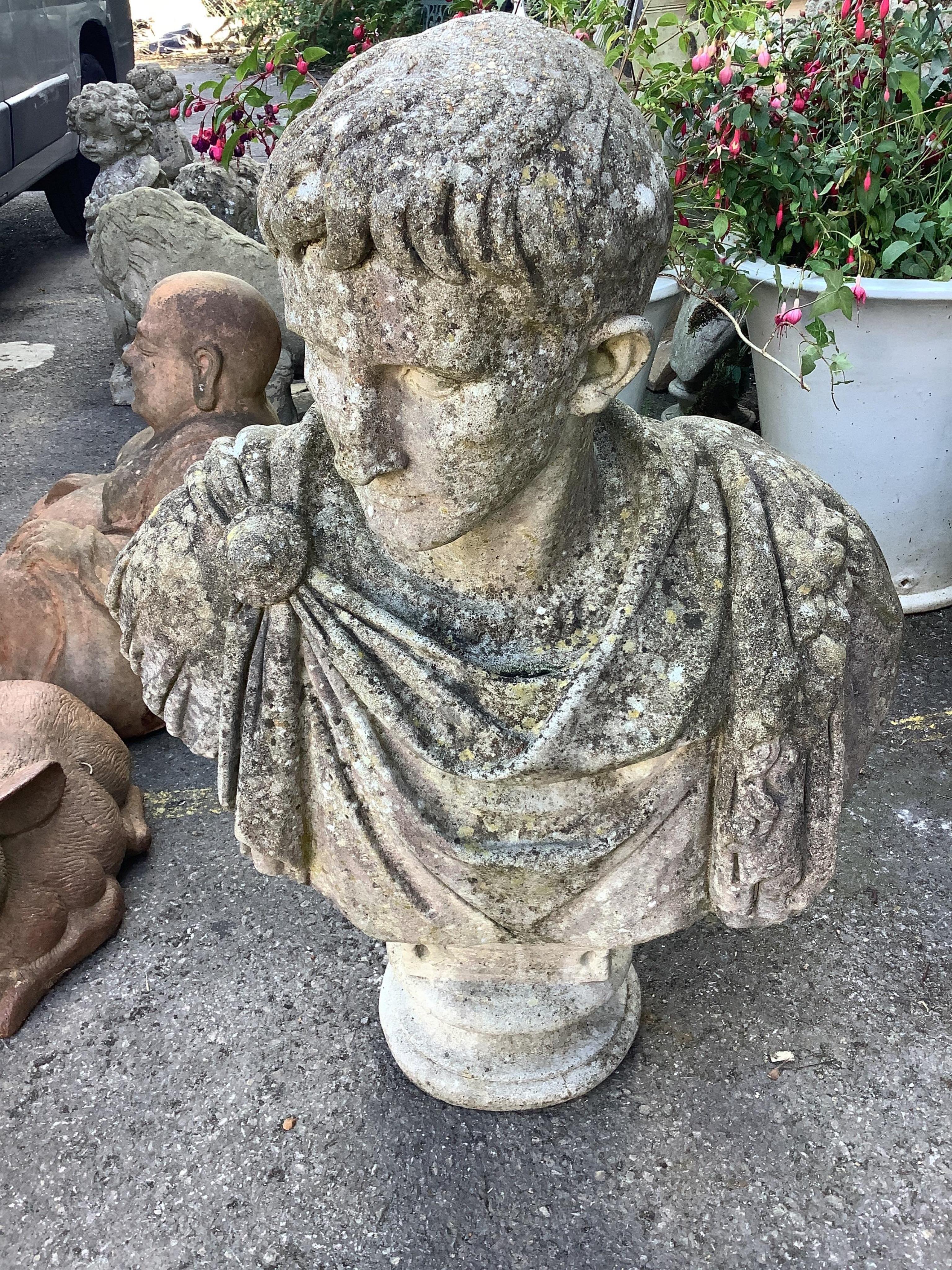 A reconstituted stone Roman emperor garden ornament, height 87cm. Condition - fair